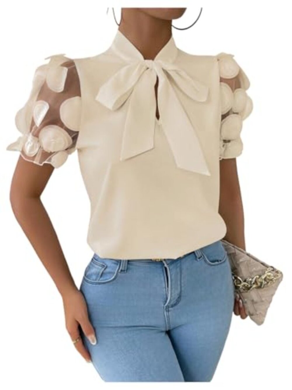 Women's Tie Neck Sheer Puff Sleeve Blouse Business Casual Top